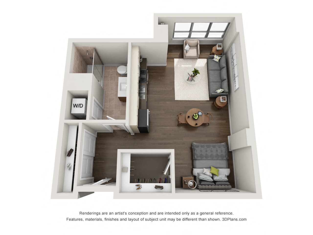 Floor plan for studio, 1 bath, 633 sqft